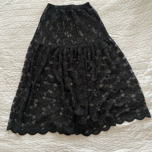 RARE Vintage 90s Koala Blue Black Sheer Lace Midi Skirt Drop Waist 26" - Picture 1 of 13